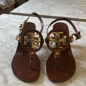 Tory Burch Brown Leather Sandals with Gold Logo